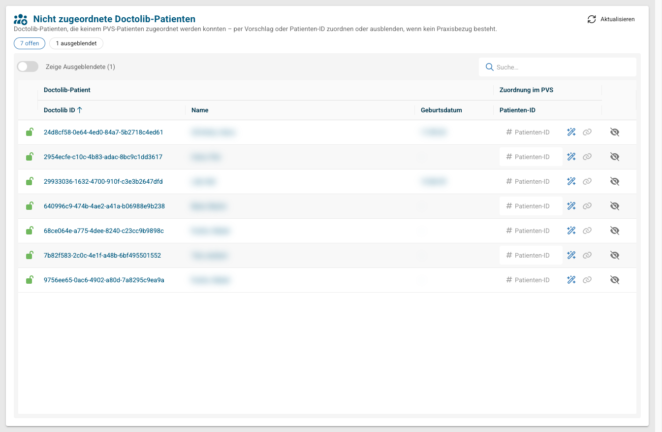 Doctosync mit Liste der nicht zugeordneten Patienten