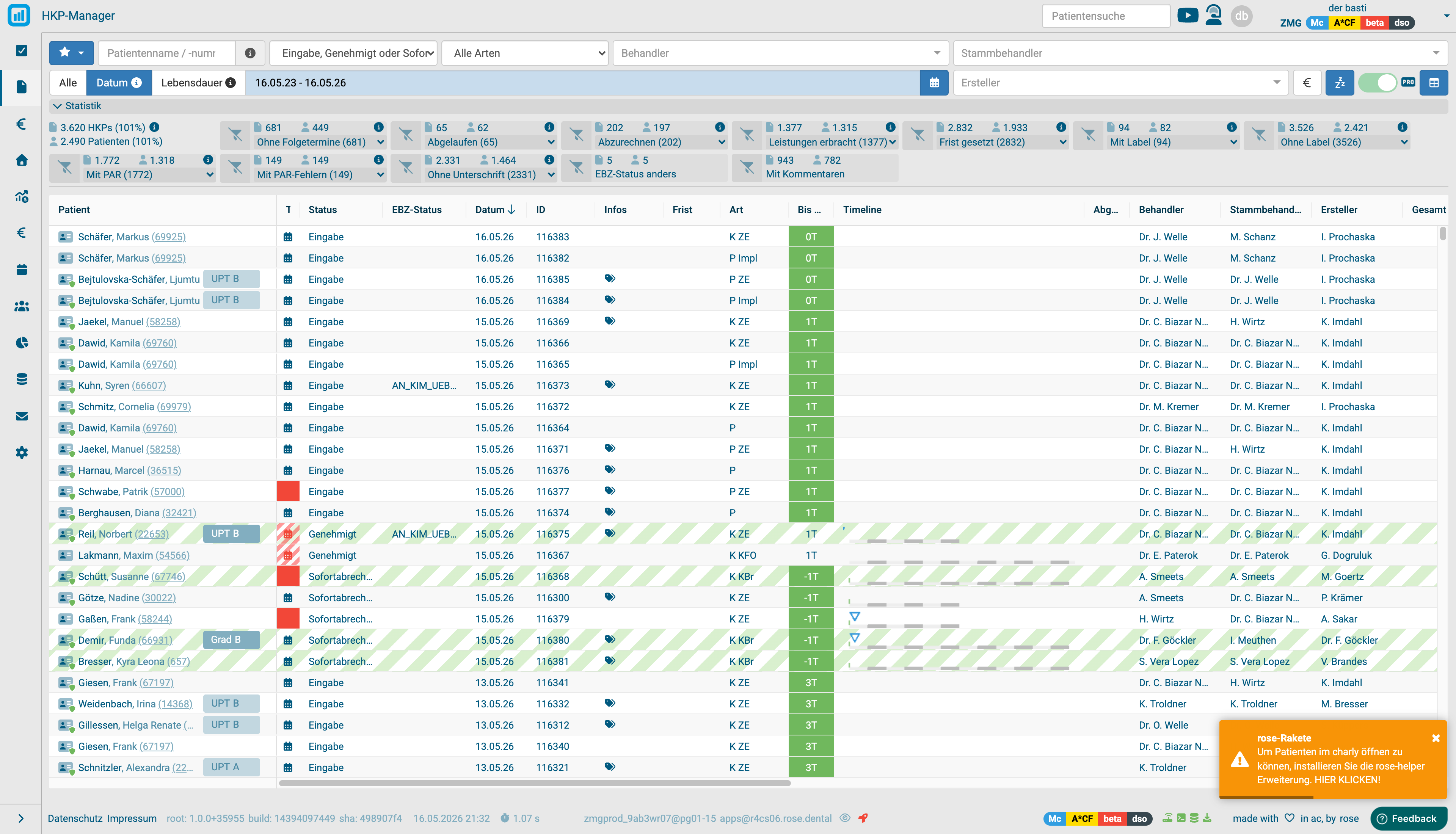HKP-Manager Hauptansicht mit Filter-Zeile, Statistik, Spezial­filtern und Tabelle
