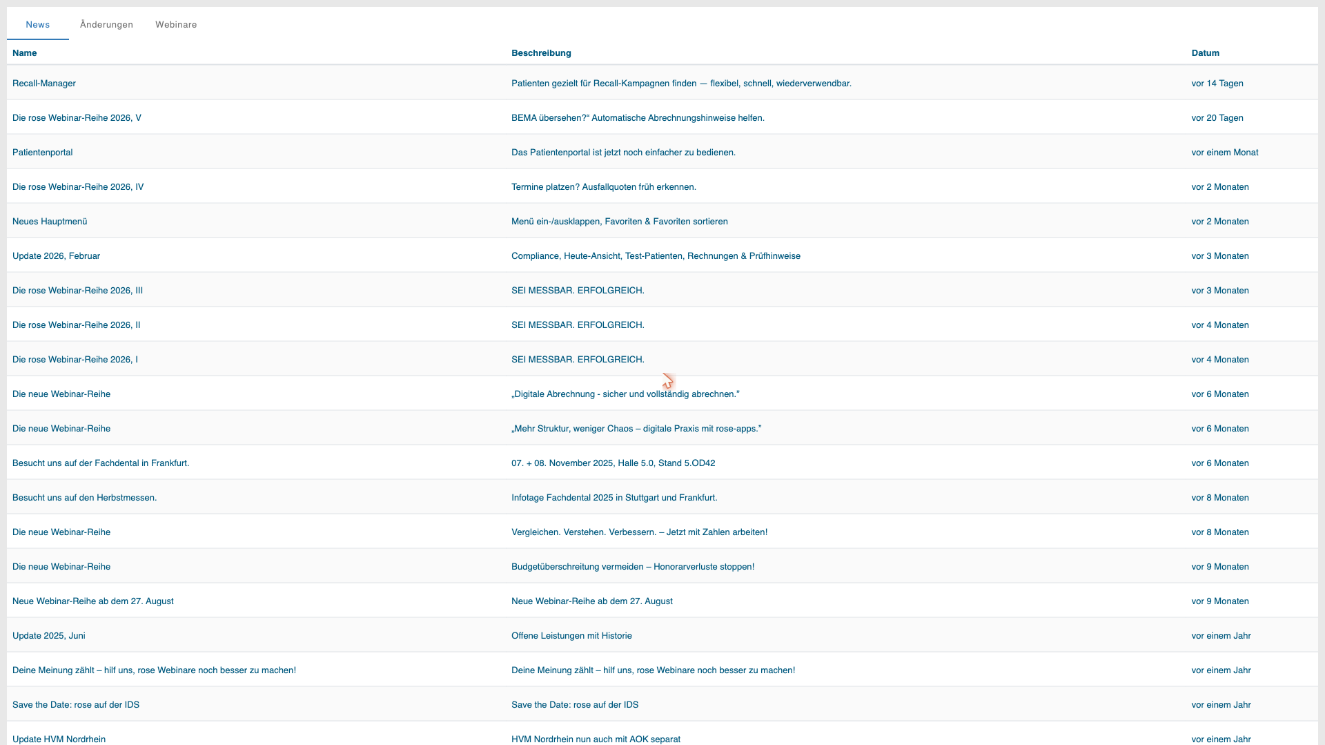 News-Tab mit neuen und älteren Updates