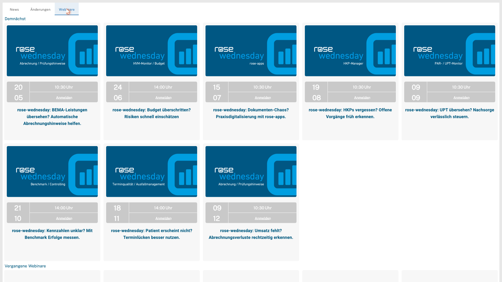 Webinare-Tab mit kommenden und vergangenen Webinaren